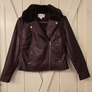 Liz Claiborne Size S Removable Faux Fur Collar Zip Coat Maroon Faux Leather